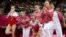 Russian gymnasts and team officials react to teammate Kseniia Afanaseva's fall while performing on the floor during the Artistic Gymnastics women's team final.
