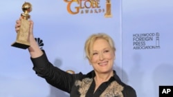 Meryl Streep won a Golden Globe for best actress in a motion picture drama for "The Iron Lady," and is also nominated for an Oscar.