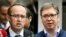 This combination of file photographs created on July 6, 2020, shows newly elected Kosovo Prime Minister Avdullah Hoti, left, in Pristina on June 3, 2020, and Serbian President Aleksandar Vucic in Belgrade on June 21, 2020.