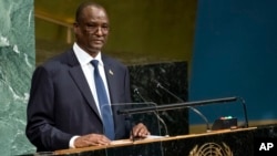 FILE - South Sudan's Vice President Taban Deng Gai addresses the United Nations General Assembly, Sept. 23, 2017, at U.N. headquarters.