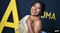 Mexican actress Yalitza Aparicio arriveS for the Los Angeles premiere of "Roma" at the Egyptian theatre in Hollywood, Dec. 10, 2018. 