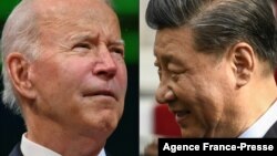 This combination of pictures created on Nov. 15, 2021 shows US President Joe Biden during the COP26 UN Climate Change Conference in Glasgow, Scotland on Nov. 2, 2021 and Chinese President Xi Jinping in Athens on Nov. 11, 2019.