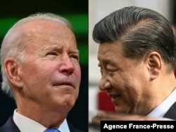 This combination of pictures created on Nov. 15, 2021 shows US President Joe Biden during the COP26 UN Climate Change Conference in Glasgow, Scotland on Nov. 2, 2021 and Chinese President Xi Jinping in Athens on Nov. 11, 2019.