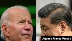 This combination of pictures created on Nov. 15, 2021 shows US President Joe Biden during the COP26 UN Climate Change Conference in Glasgow, Scotland on Nov. 2, 2021 and Chinese President Xi Jinping in Athens on Nov. 11, 2019.