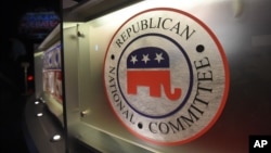 FILE - The logo of the Republican National Committee, shown ahead of a GOP candidates debate during the 2016 presidential campaign in North Charleston, S.C.