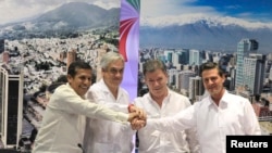Latin American Presidents (L-R) Peru's Ollanta Humala, Chile's Sebatian Pinera, Colombia's Juan Manuel Santos and Mexico's Enrique Pena Nieto pose for pictures after signing the final agreement for an economic investment protocol in Cartagena, Feb. 10, 20