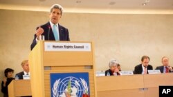 U.S. Secretary of State John Kerry delivers remarks to the United Nations Human Rights Council March 2, 2015, in Geneva. (AP Photo/Evan Vucci)