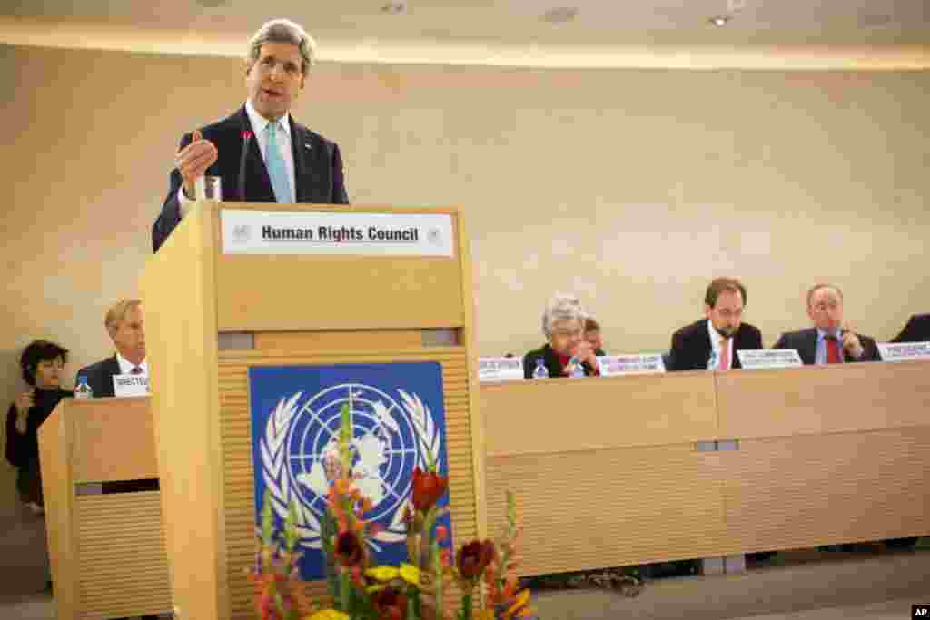 U.S. Secretary of State John Kerry delivers remarks to the United Nations Human Rights Council delivering a vigorous defense of Israel before a U.N. body that Washington deems biased against the Jewish state, Geneva, Switzerland, March 2, 2015.