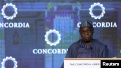 FILE - Nigeria's former President Olusegun Obasanjo speaks during Concordia Americas Summit, in Bogota, Colombia, May 13, 2019. 