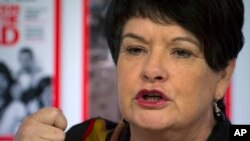 Sharan Burrow, general secretary of the International Trade Union Confederation (ITUC) speaks during a panel session on the first day of the 42nd annual meeting of the World Economic Forum, WEF, in Davos, Switzerland, file photo.