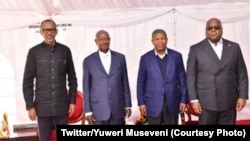 (G-D) Le président Paul Kagame du Rwanda, son homologue Yuweri Musevni de l'Ouganda, Joao Lourenço de l'Angola et Félix Tshisekedi de la RDC à Katuna/Gatuna, à la frontière rwando-ougandaise, 21 févirier 2020. (Twitter/Yuweri Museveni)