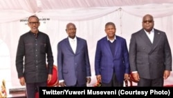 (De g. à d.) Les présidents Paul Kagame (Rwanda), Yoweri Museveni (Ouganda), João Lourenço (Angola) et Félix Tshisekedi (RDC) à Katuna, à la frontière rwando-ougandaise,le 21 févirier 2020. (Twitter/Y. Museveni)