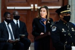 House Speaker Nancy Pelosi of California speaks during a service for the late Rep. John Lewis, D-Ga., as he lies in state at the Capitol in Washington, July 27, 2020.