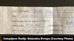 Bosnia and Herzegovina -- A certificate that one Bosnian citizen received first COVID vaccine in neighboring Serbia, March 3, 2021.