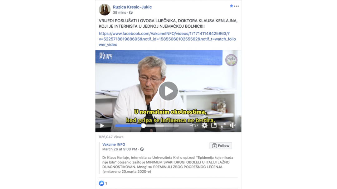 Screenshot objave Ružice Jukić