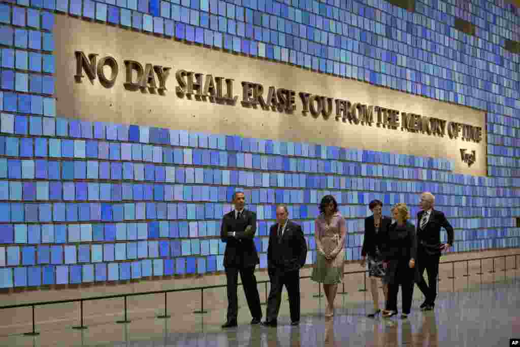 President Obama, first lady Michelle Obama, former New York City Mayor Michael Bloomberg, former Secretary of State Hillary Rodham Clinton, former president Bill Clinton, and Diana Taylor tour the Memorial Hall at the National September 11 Memorial&nbsp; Museum, New York City, May 15, 2014.