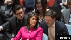 La représentante permanente des Etats-Unis auprès des Nations Unies, Nikki Haley, le 18 avril 2018 au siège des Nations Unies.