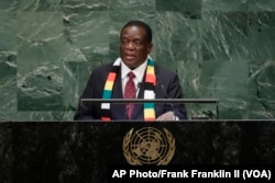 FILE - Zimbabwe's President Emmerson Mnangagwa addresses the 73rd session of the United Nations General Assembly, Sept. 26, 2018.