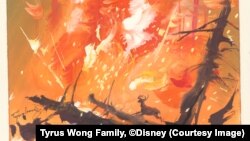 Tyrus Wong's watercolor visualization for Bambi of the fire in the forest.