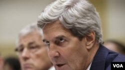 Secretary of State John Kerry, accompanied by Defense Secretary Chuck Hagel, left, testifies on Capitol Hill, Sept. 4, 2013, before the House Foreign Affairs Committee.