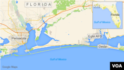 Map of the Florida panhandle showing Pensacola, Destin, and Eglin AFB