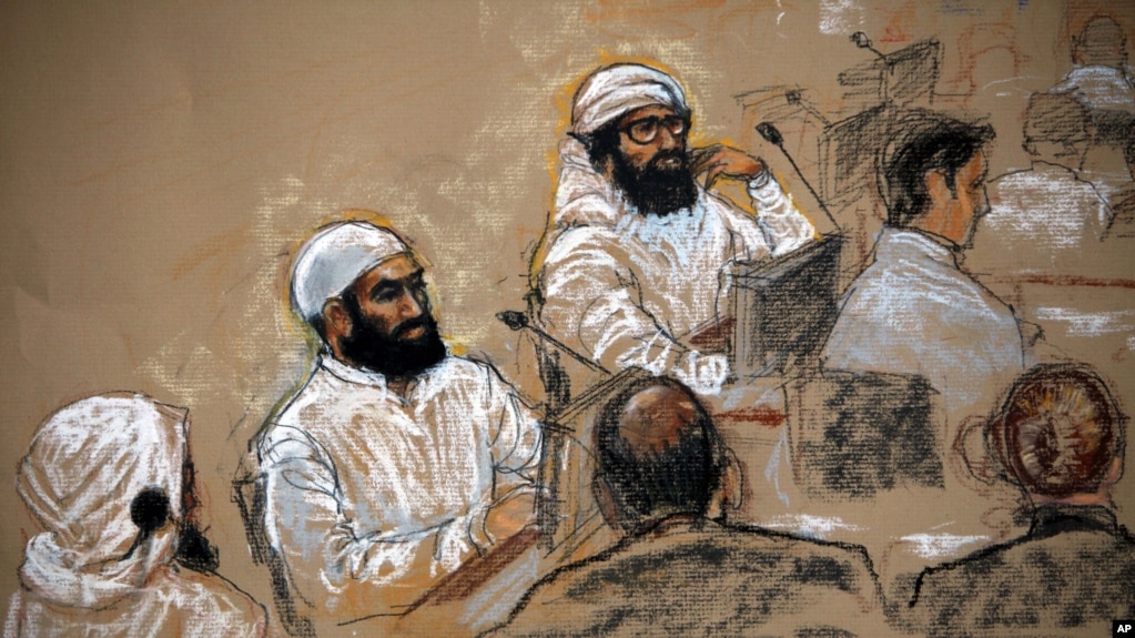 Caricature de jihadistes présumés sur la base navale américaine de Guantanamo, Cuba, le 16 juillet 2009.
