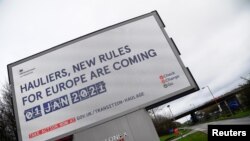 A British government Brexit information campaign advertisement is seen along the M25 near Westerham, in Kent, southern England, Dec. 12, 2020. 