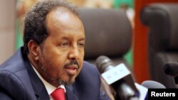 Somalia's President Hassan Sheikh Mohamed addresses a news conference at the African Union Headquarters in Addis Ababa May 26, 2013. 