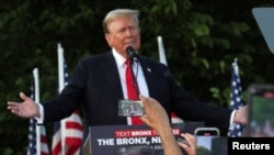 FILE - The 2024 political platform released July 9 by the Republican National Committee largely aligns with the policies and agenda of former U.S. President Donald Trump, seen speaking here at a campaign rally in New York on May 23, 2024.