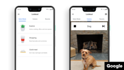 Screenshot images show Google Lookout’s modes “Explore,” “Shopping” and “Quick read,” as well as the app identifying a dog in the camera frame. (Google)