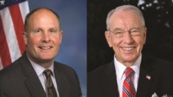 中国问题特设委员会主席、来自密歇根州的共和党籍联邦众议员穆勒纳尔(左)和来自爱奥华参议员格拉斯利(右)。