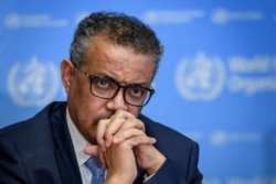 FILE =World Health Organization (WHO) Director-General Tedros Adhanom Ghebreyesus attends a daily press briefing on the new coronavirus dubbed COVID-19, at the WHO headquaters on March 2, 2020 in Geneva.