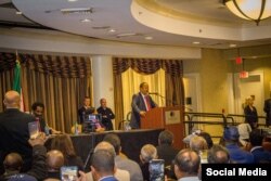 Sudan's Prime Minister Abdalla Hamdok addresses members of the Sudanese diaspora in a Washington hotel during his recent visit to the U.S. capital. (Twitter - @SudanPMHamdok)