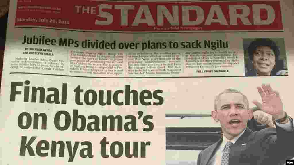 Gazeti la &quot;The Standard&quot; la Kenya linaonyesha matayarisho ya dakika za mwisho kwa ziara ya rais Obama. &nbsp;