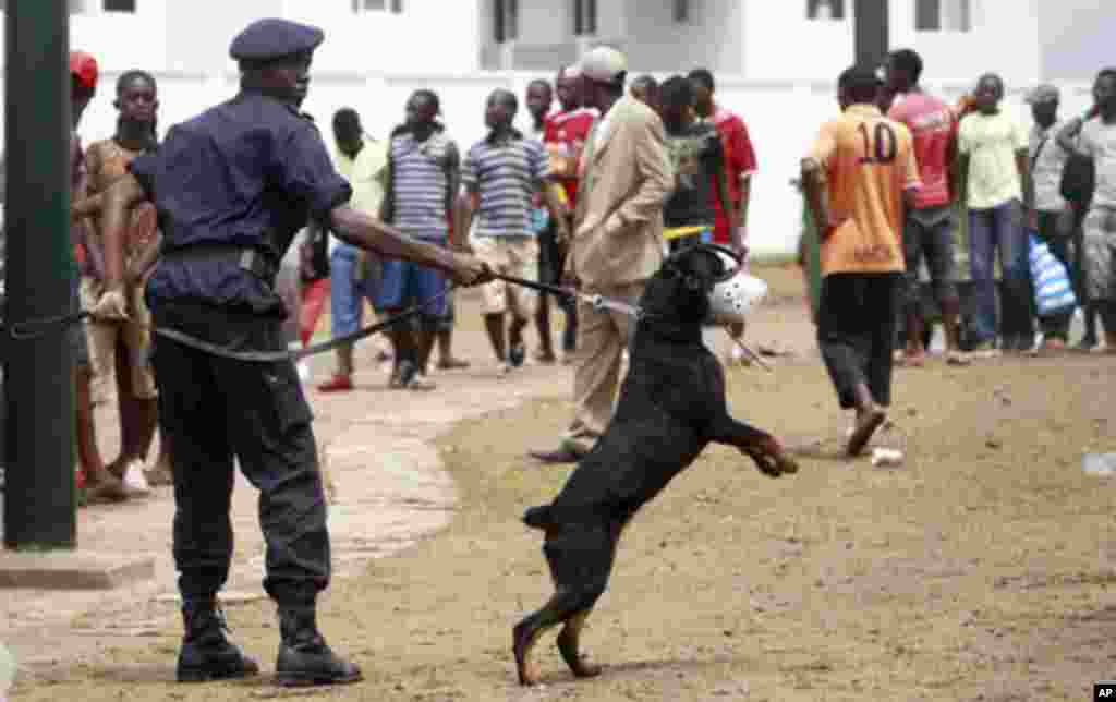 A member of Equatorial Guinea's police special forces and his security dog try to control Equatorial Guinea fans outside Estadio de Bata "Bata Stadium", which will host the opening match and ceremony for the African Nations Cup, in Bata January 21, 2012.