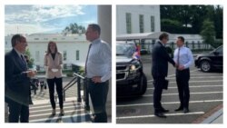 Kombinacija dve fotografije na kojima Ričard Grenel dočekuje premijera Kosova Avdulaha Hotija (levo) i predsednika Srbije Aleksandra Vučića (Foto: Twitter/NSC)