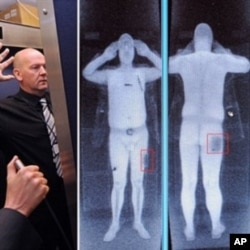 This file combination of images taken on October 13, 2009 shows an airport staff member (L) demonstrating a full body scan at Manchester Airport in Manchester, England