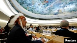 Dave Archambault, chairman of the Standing Rock Sioux tribe, waits to speak against the Energy Transfer Partners' Dakota Access oil pipeline during the Human Rights Council session at the United Nations in Geneva, Switzerland, Sept. 20, 2016.