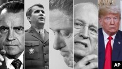 Foto ki montre prezidan ameriken ak vis prezidan ki te sou ankèt espesyal. Richard Nixon, Oliver North, Bill Clinton, Dick Cheney, ak Donald Trump. Soti nan Watergate rive sou Mueller.