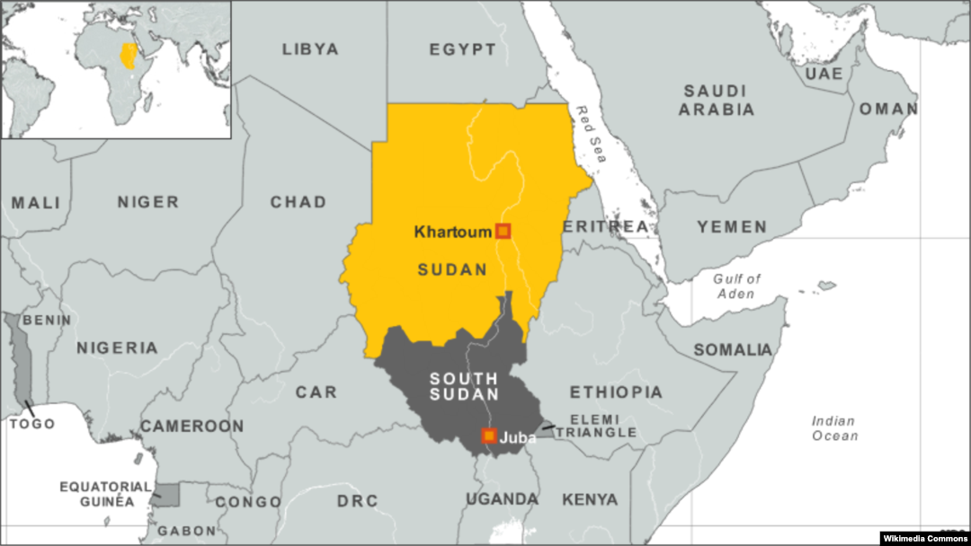 Peta wilayah Sudan dan Sudan Selatan.