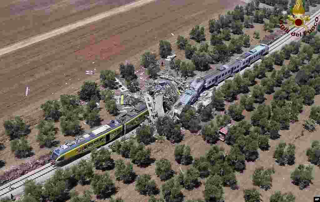 This aerial handout photo by Italian Firefighter Press Office shows two commuters trains after their head-on collision in the southern region of Puglia, Italy.&nbsp;At least 20 people died and several others are reported injured.