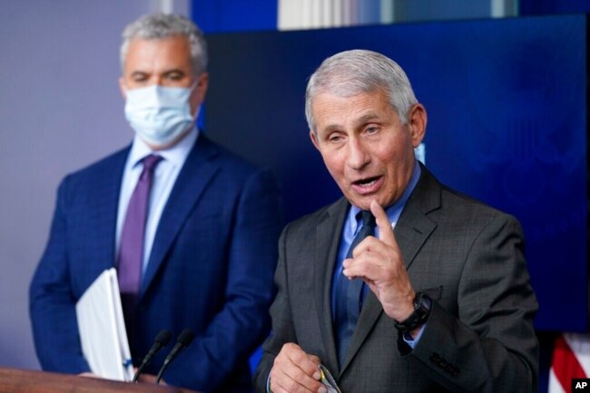 FILE - Dr. Anthony Fauci, director of the National Institute of Allergy and Infectious Diseases, speaks alongside White House COVID-19 Response Coordinator Jeff Zients during a press briefing at the White House, April 13, 2021.