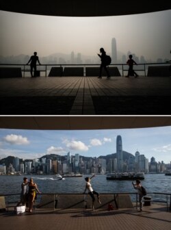 游客在香港九龙维多利亚港海滨长廊游览，雾霾弥漫香港岛，居民被要求留在室内。（2018年1月22日）。下图： 2016年6月24日，游客在维多利亚港前拍照，蓝天白云下，香港天际线清晰。