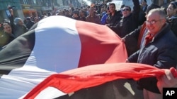 A crowd in New York City's 'Little Egypt' neighborhood in Queens celebrates the resignation of Egyptian President Hosni Mubarak by unfurling a flag from their homeland, February 11, 2011