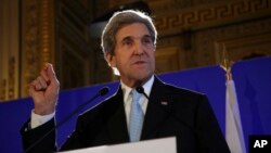 FILE - U.S. Secretary of State John Kerry gives a press conference after a meeting on Syria, in Paris.