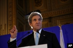 FILE - U.S. Secretary of State John Kerry gives a press conference after a meeting on Syria, in Paris.