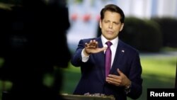 White House Communications Director Anthony Scaramucci speaks during an on air interview at the White House in Washington, July 26, 2017. 