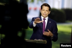 FILE - Anthony Scaramucci speaks during an on air interview at the White House in Washington.