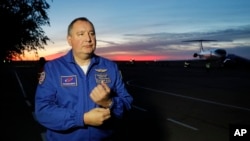 FILE - Dmitry Rogozin, chief of the Russian space agency Roscosmos, is pictured at Baikonur airport, in Kazakhstan, Oct. 11, 2018.