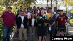 Angelica Salas of the Coalition for Humane Immigrant Rights of Los Angeles announces the Million Voters Project, an effort to sign up new voters before the November 8 election, in Glendale, Calif., July 19, 2016. (Credit: Ronen Tivony)